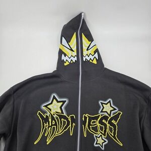 Romwe Madness Zip Up Hoodie L Black Yellow Star Cyber Y2K Grunge Graphic EUC